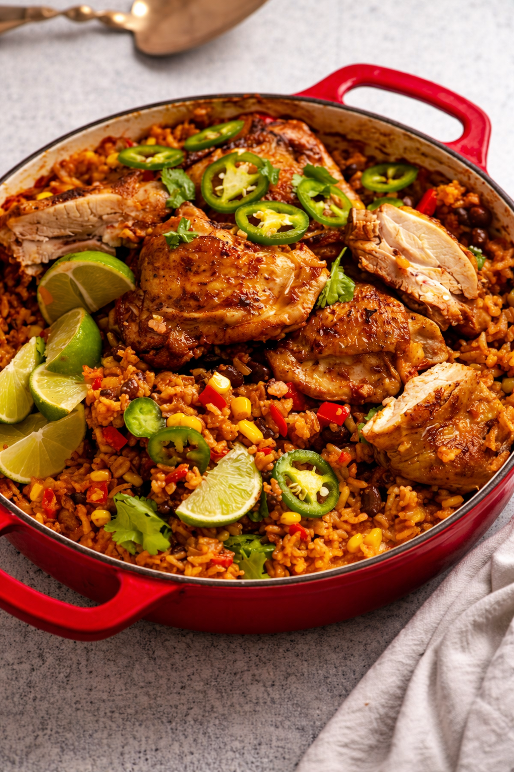 A hearty one pot Mexican chicken and rice dish loaded with seasoned chicken, fluffy rice, black beans, corn, peppers, and fresh cilantro, served straight from the pot.
