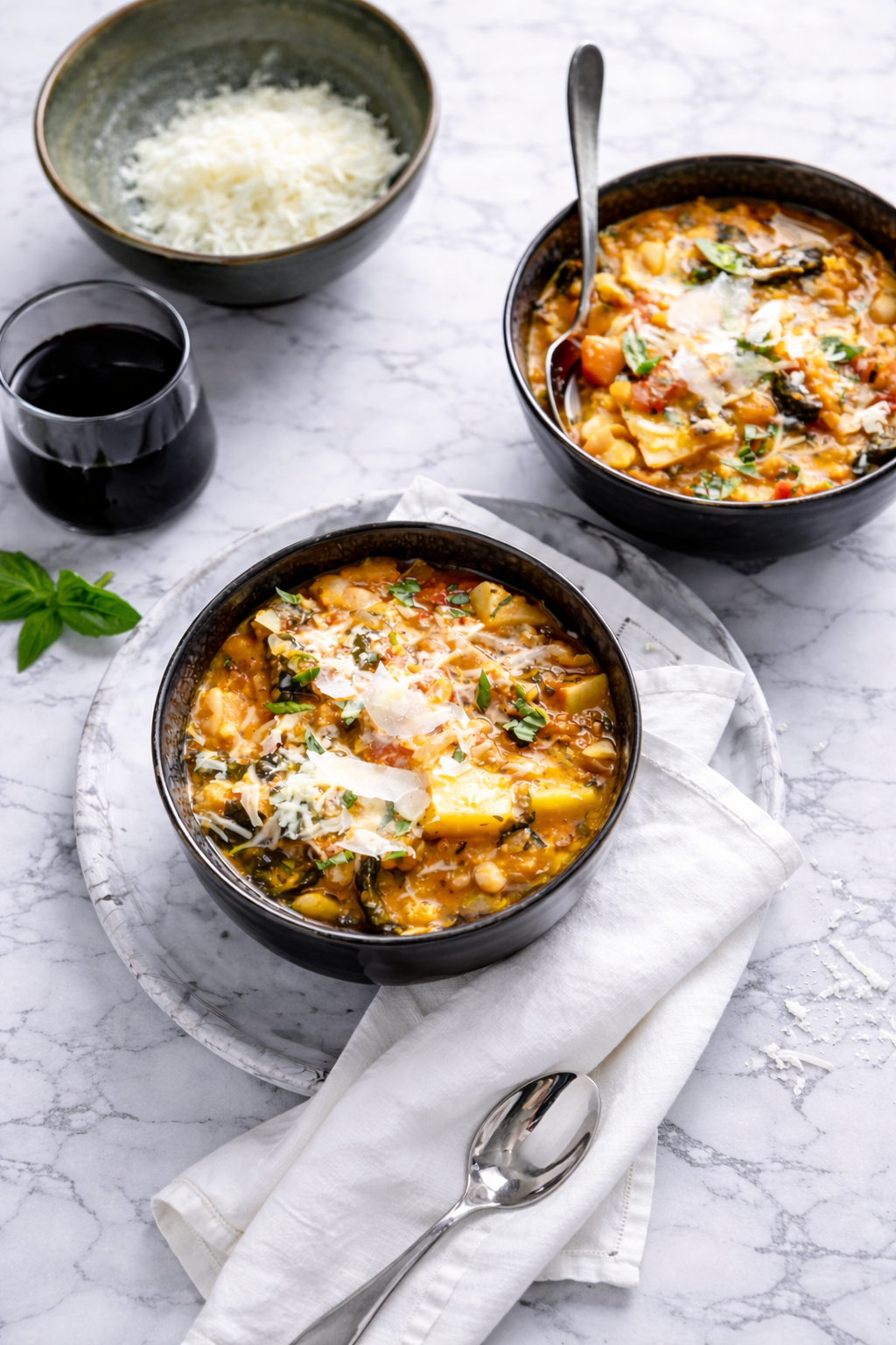 A rustic bowl of Tuscan bread soup (Ribollita) with kale, beans, vegetables and torn bread soaking in a rich broth, garnished with olive oil and herbs.