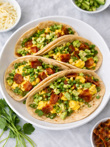 A plate of easy breakfast tacos filled with scrambled eggs, fresh salsa, melted cheese, avocado slices, and cilantro, ready to enjoy for a morning meal.