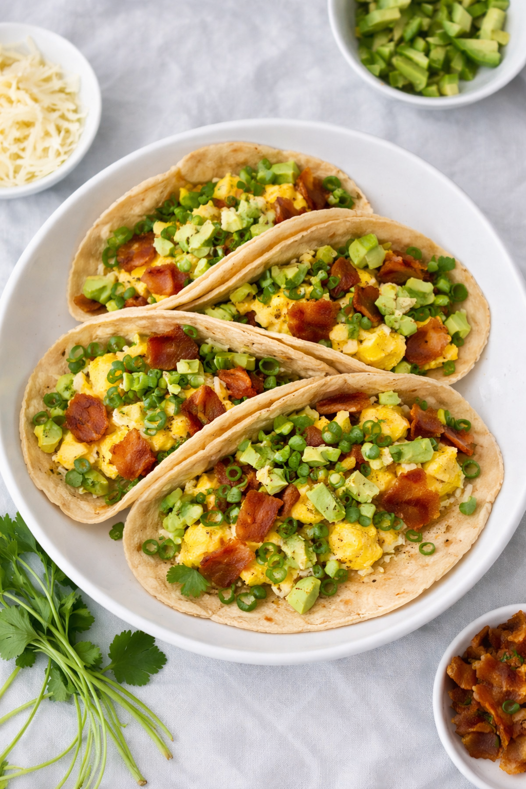 A plate of easy breakfast tacos filled with scrambled eggs, fresh salsa, melted cheese, avocado slices, and cilantro, ready to enjoy for a morning meal.