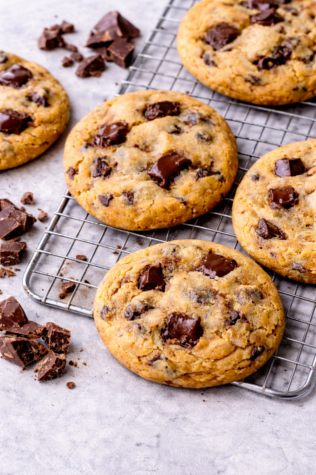 Close-up of homemade golden chocolate chip cookies with soft centers and visible melted chocolate chips on the surface, served on a cooling rack.
