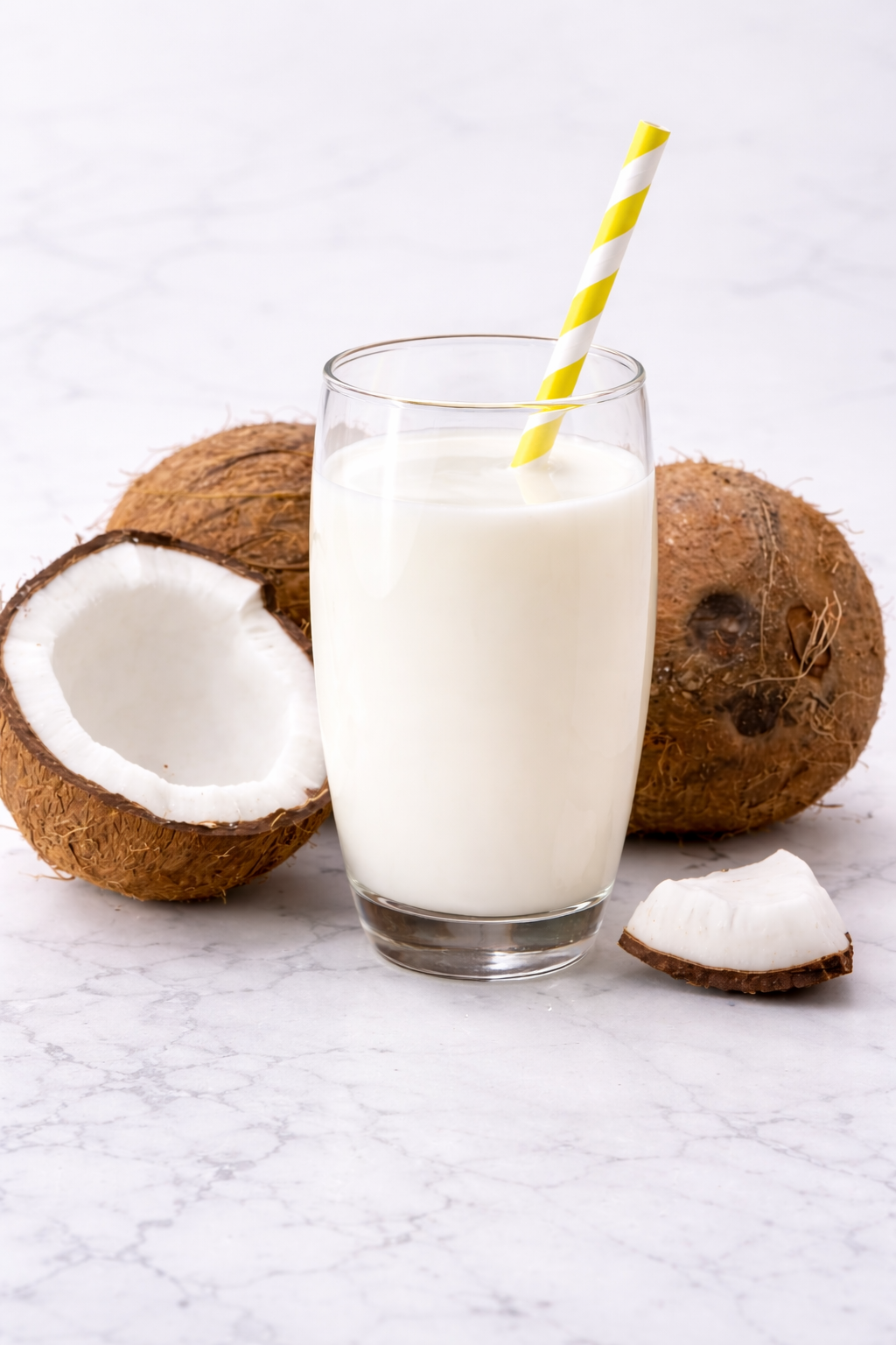 A glass and bowl of fresh homemade coconut milk with shredded coconut on a wooden board