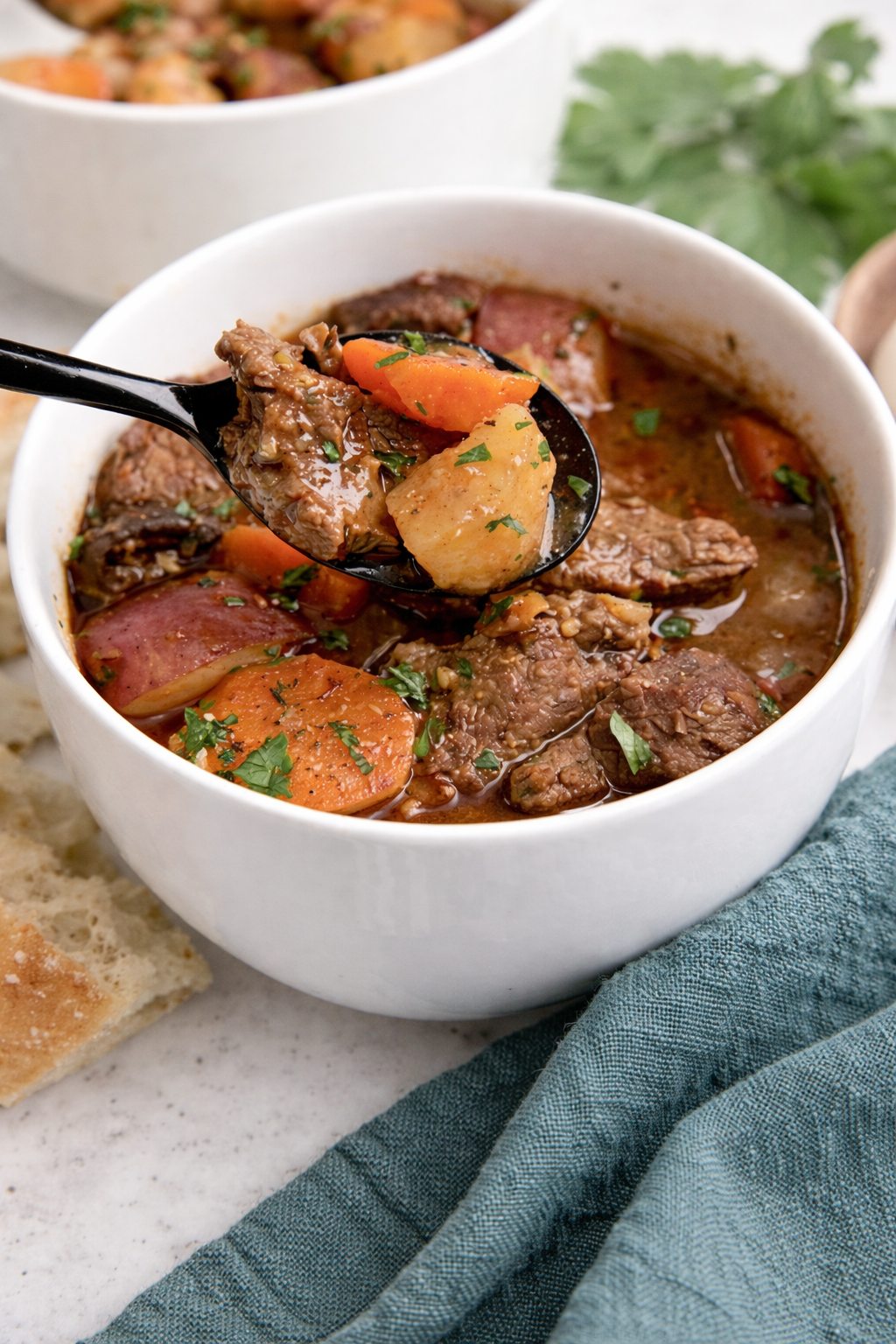A hearty bowl of Instant Pot Beef Stew filled with tender beef cubes, carrots, potatoes, mushrooms, and pearl onions in a rich broth.