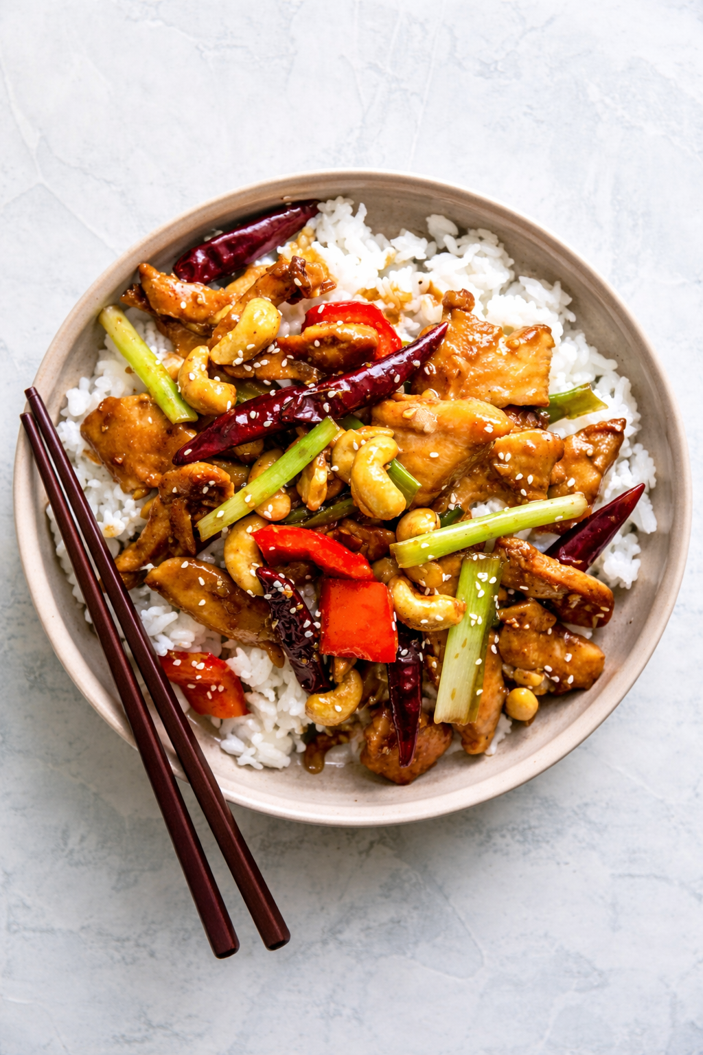 A vibrant bowl of homemade Kung Pao Chicken with diced chicken, red and green bell peppers, and roasted cashews served over white rice.