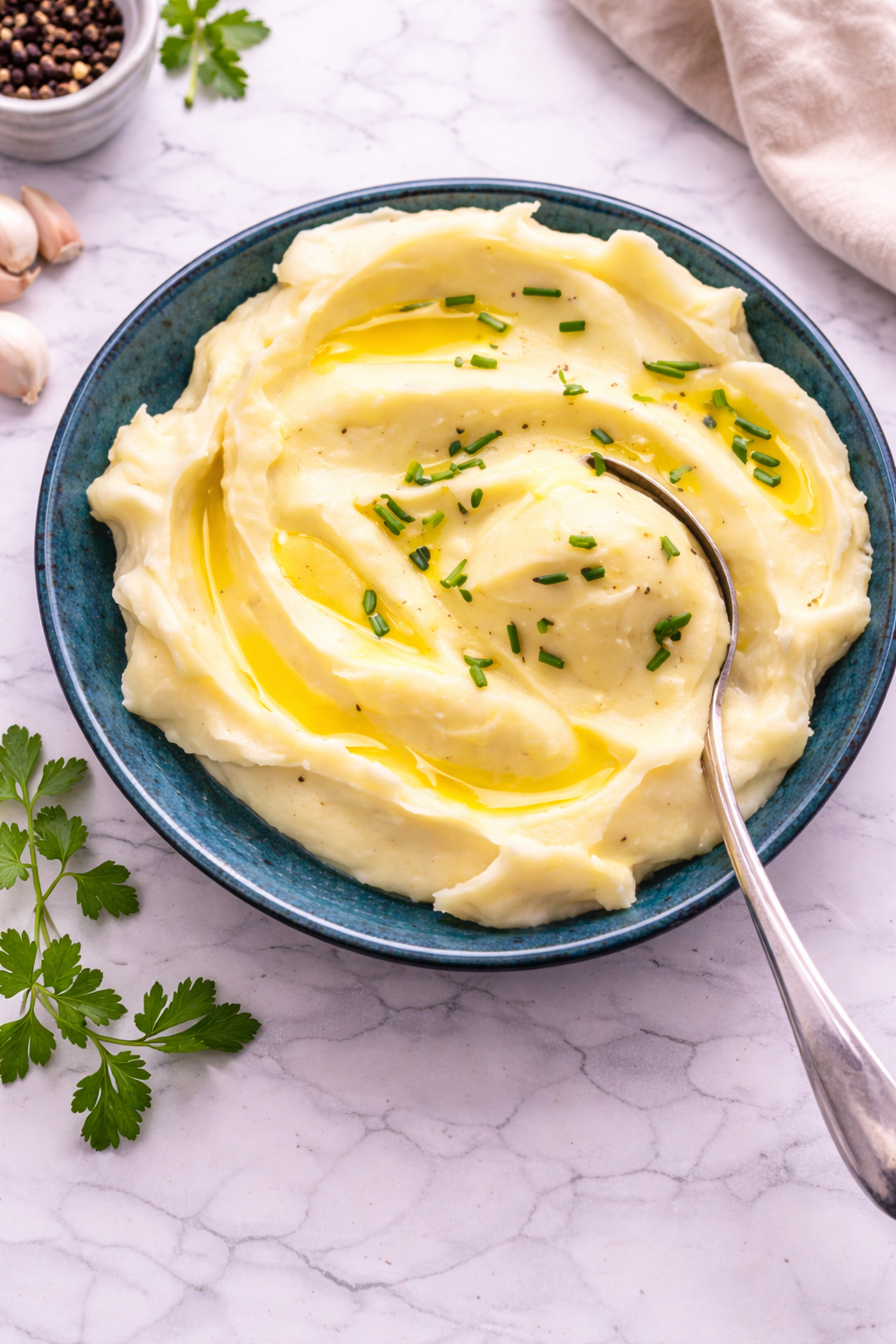 A bowl of silky potato puree (French mashed potatoes) garnished with melted butter and fresh herbs, served on a marble countertop.