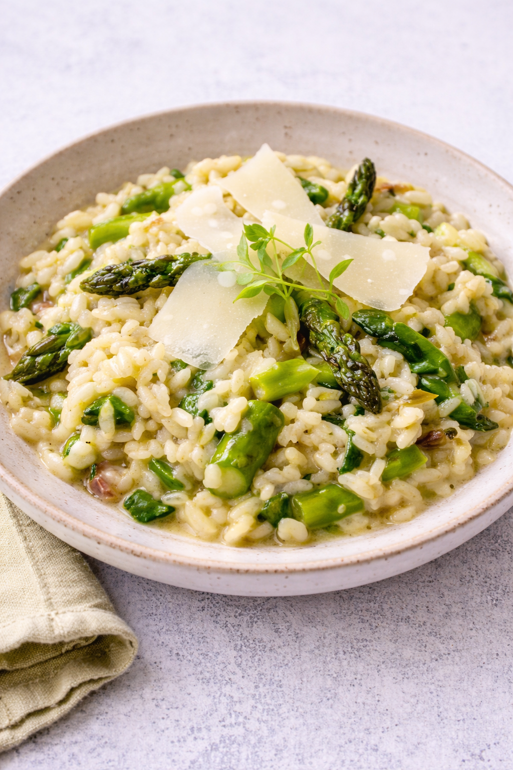 A creamy risotto with tender asparagus pieces and vibrant green ramp leaves, finished with grated Parmigiano Reggiano and lemon zest — classic Italian spring risotto.