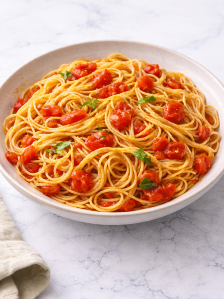 Tomato and Garlic Pasta - close-up of spaghetti with fresh tomato garlic sauce and basil in a white bowl