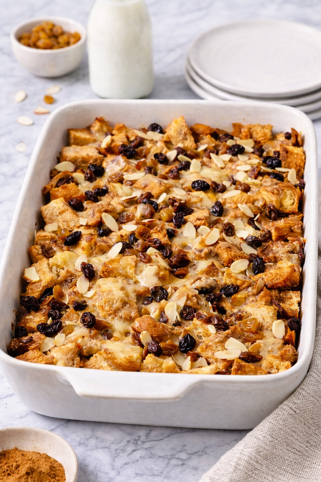 Traditional capirotada made with toasted bread, cinnamon syrup, raisins, nuts, and melted cheese in a baking dish.