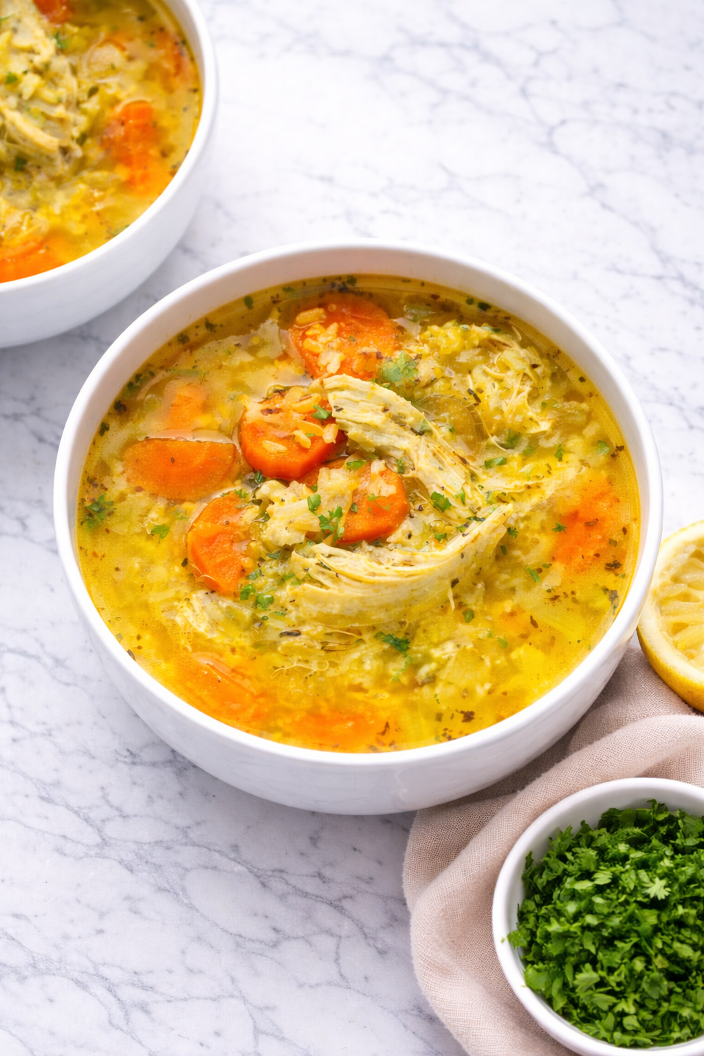 Instant pot chicken and rice soup served in a white bowl with parsley garnish