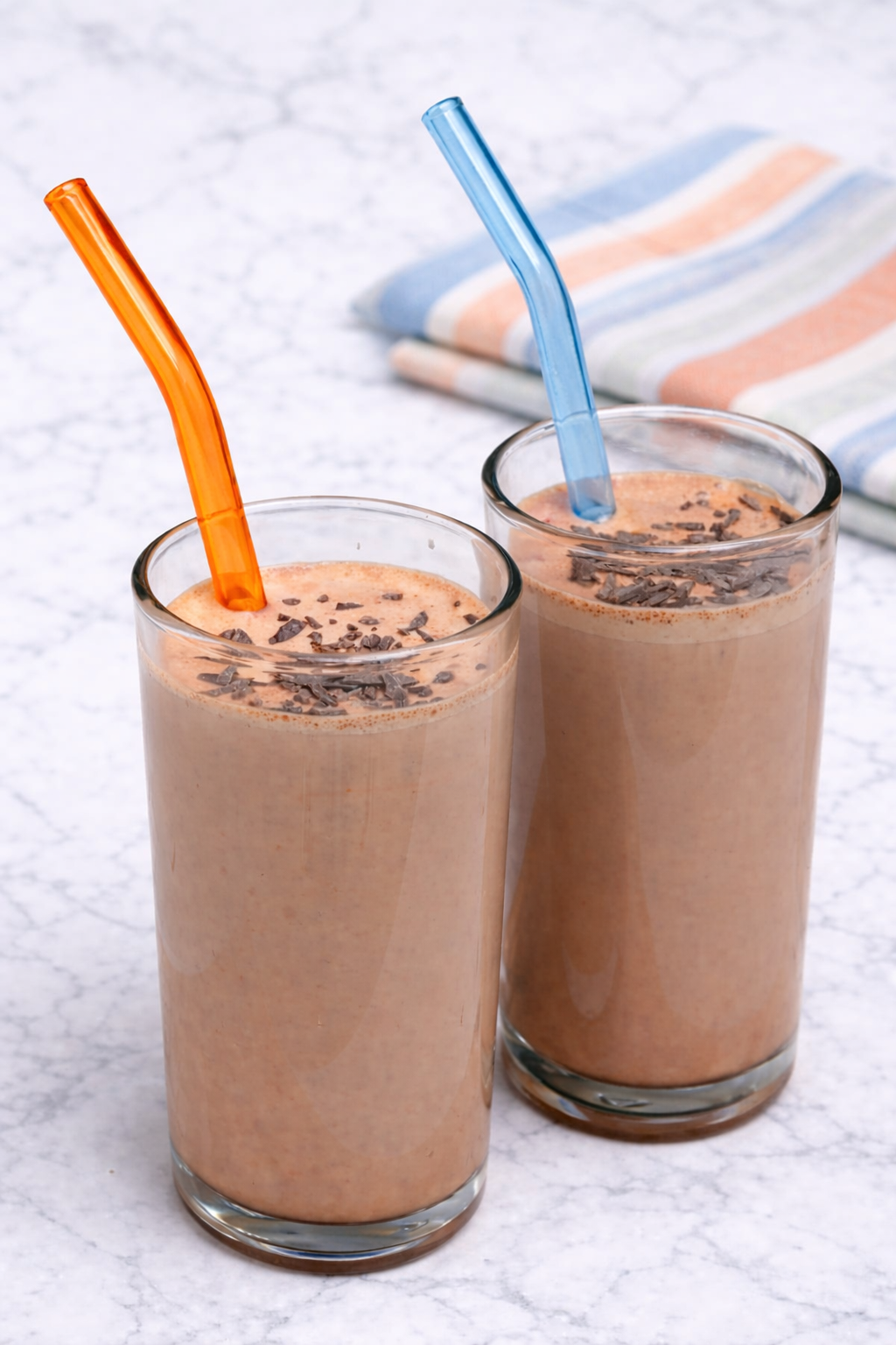 Glass of creamy homemade chocolate milk topped with cocoa powder
