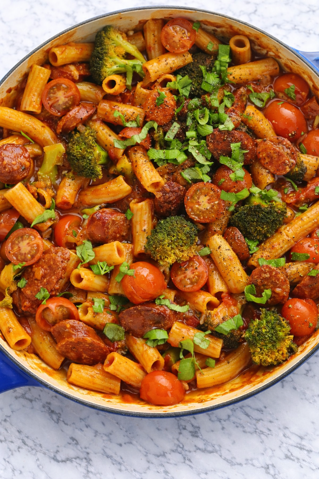 bowl of chorizo pasta with tomato sauce and parmesan cheese