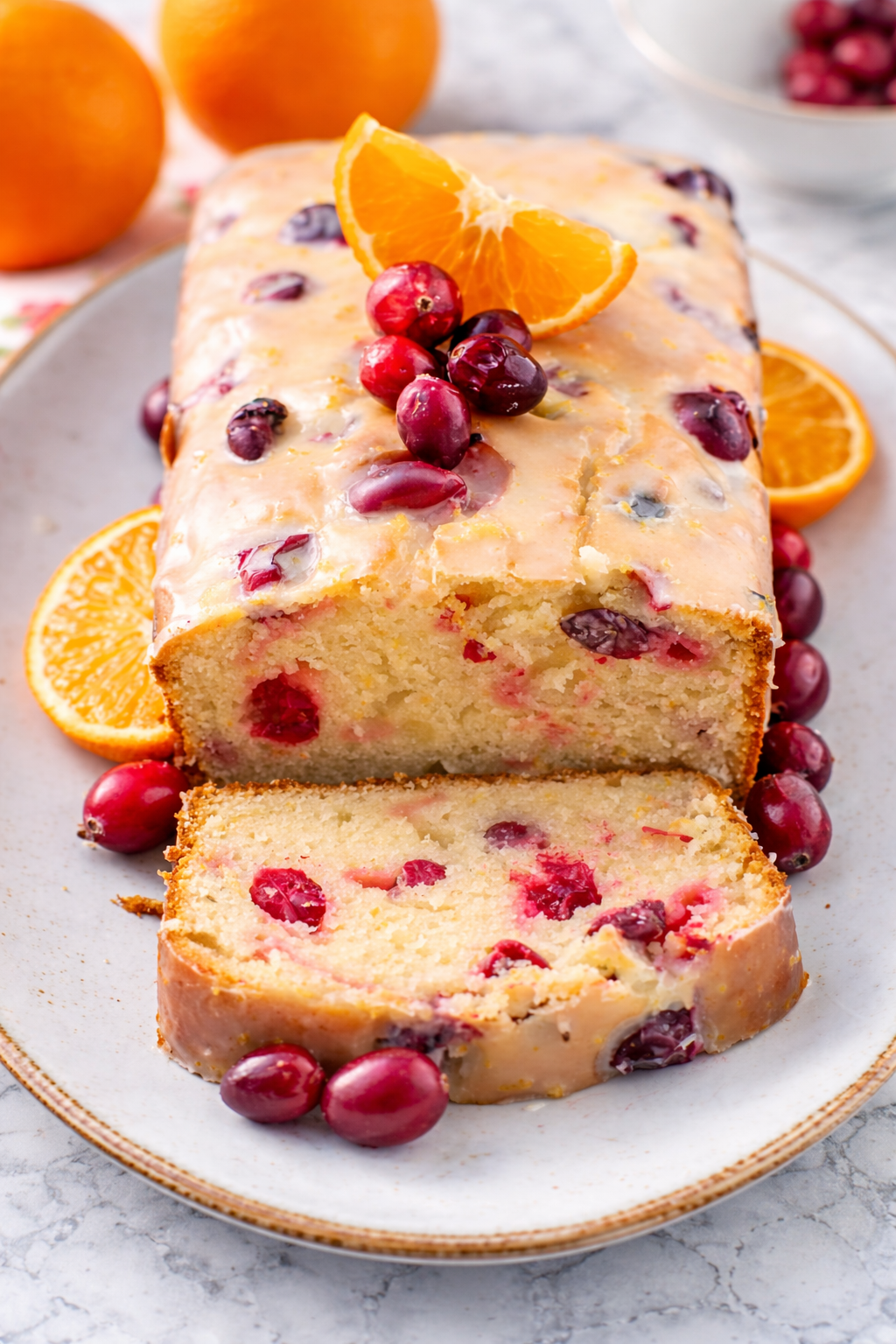 Moist cranberry orange bread loaf drizzled with orange glaze and garnished with fresh cranberries and orange zest.