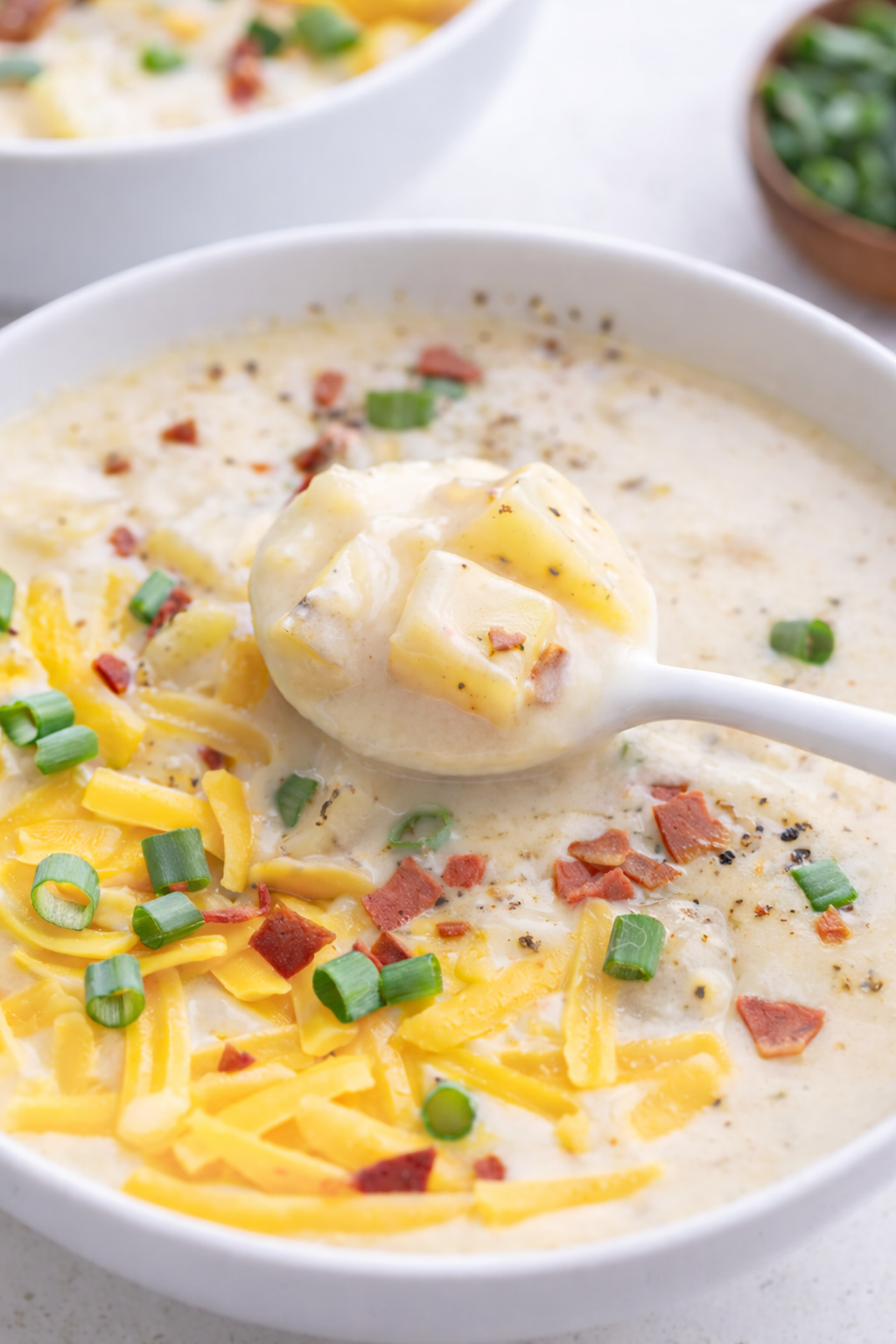 Creamy Crockpot Potato Soup served in a bowl with herbs and crusty bread