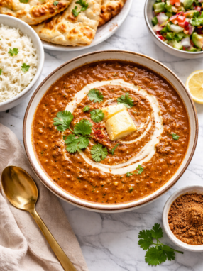 Creamy dal makhani in a bowl garnished with cream and cilantro