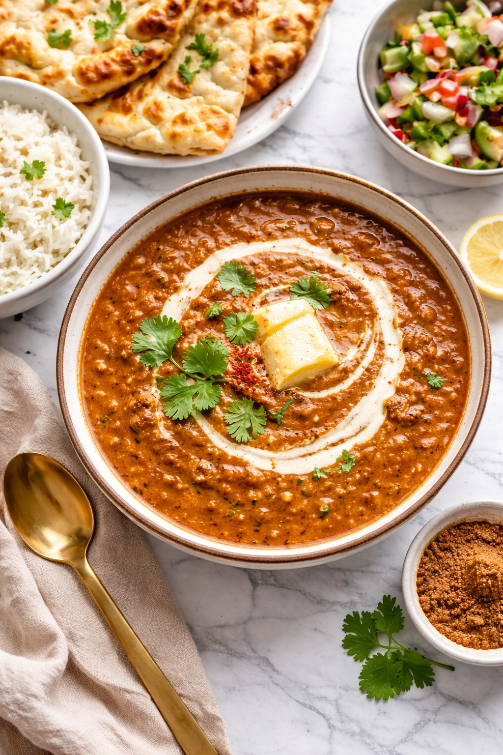 Creamy dal makhani in a bowl garnished with cream and cilantro