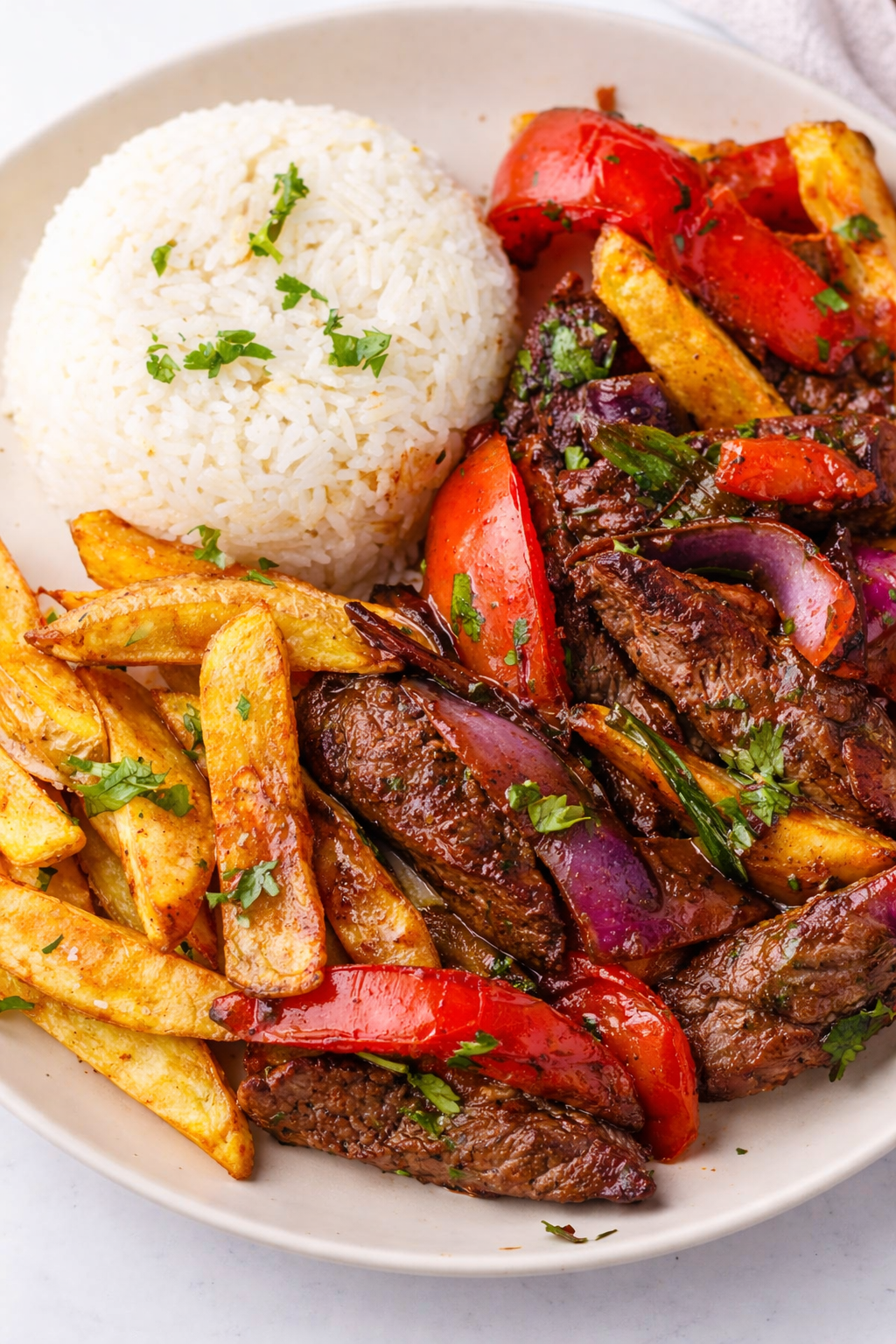 Lomo Saltado served with white rice and crispy fries on a plate