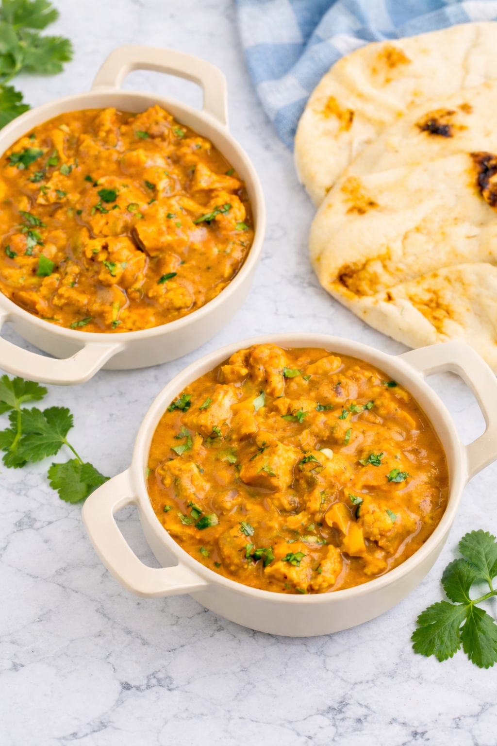 Slow Cooker Butter Chicken served over basmati rice with fresh cilantro garnish