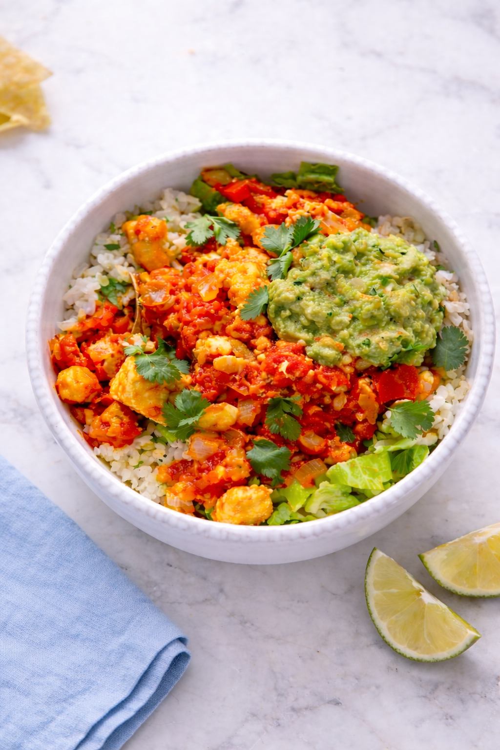Chipotle-style sofritas made with crumbled tofu in smoky tomato sauce served in a bowl