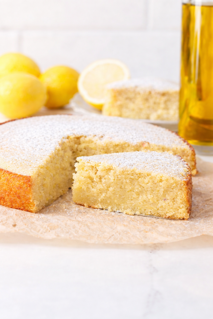 Moist lemon olive oil cake topped with powdered sugar and fresh lemon slices on a rustic plate