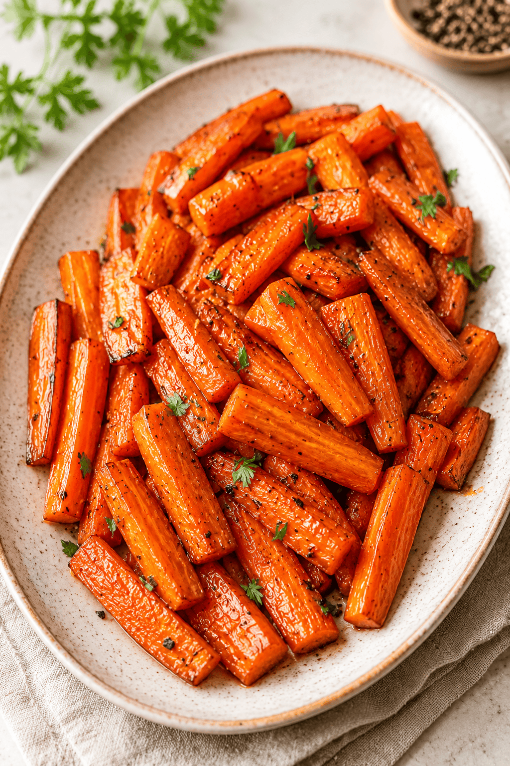 Air fryer carrots glazed with honey garlic butter on a white serving plate