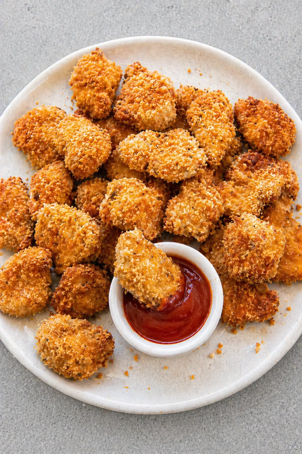 Golden crispy air fryer chicken nuggets served with dipping sauce on a white plate