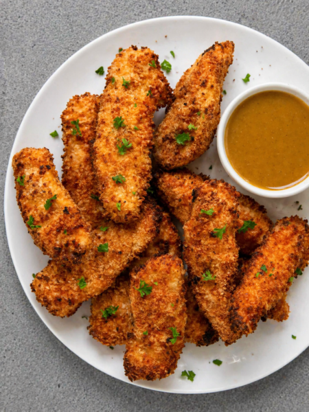 Golden crispy air fryer chicken tenders served on white plate with dipping sauce