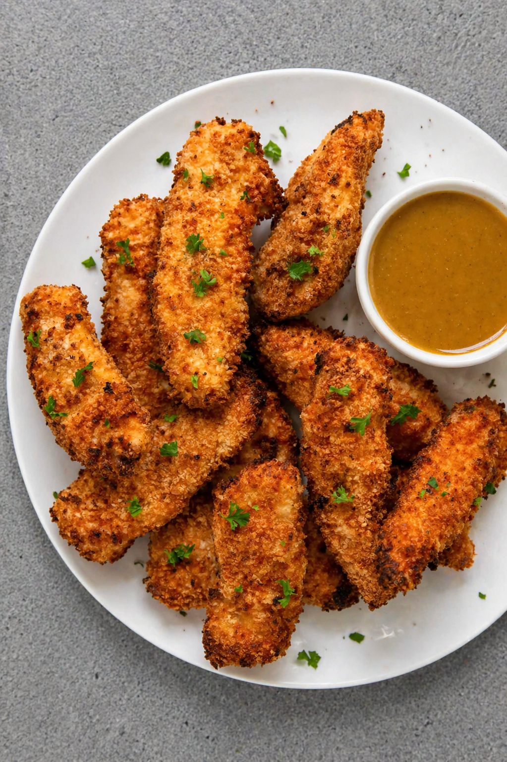 Golden crispy air fryer chicken tenders served on white plate with dipping sauce