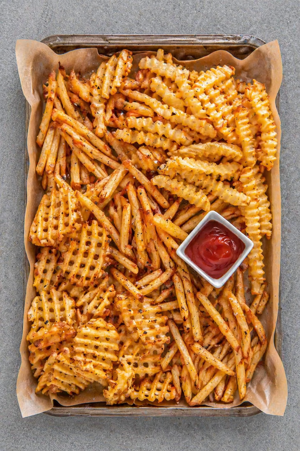 Crispy golden air fryer frozen French fries served in a white bowl on marble countertop