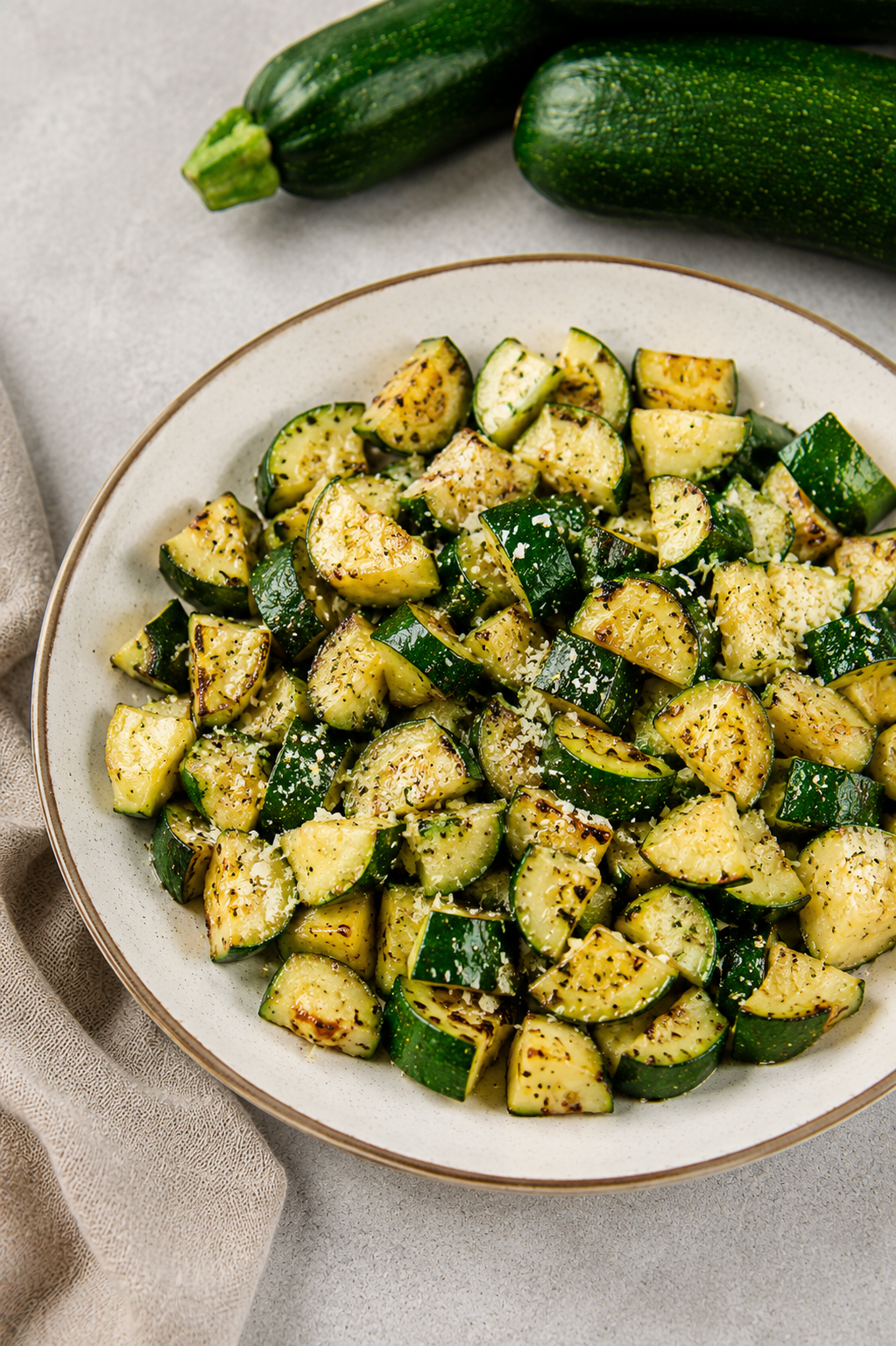 Crispy air fryer zucchini slices served on white plate with herbs