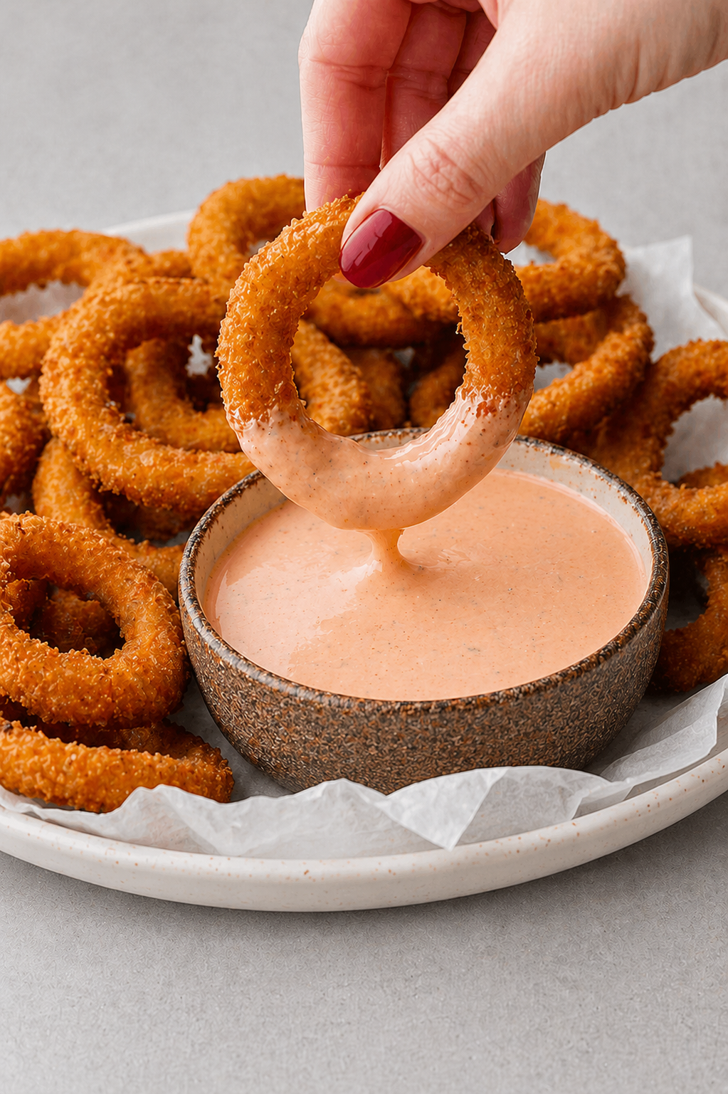 Crispy golden air fryer frozen onion rings served on white plate with dipping sauce