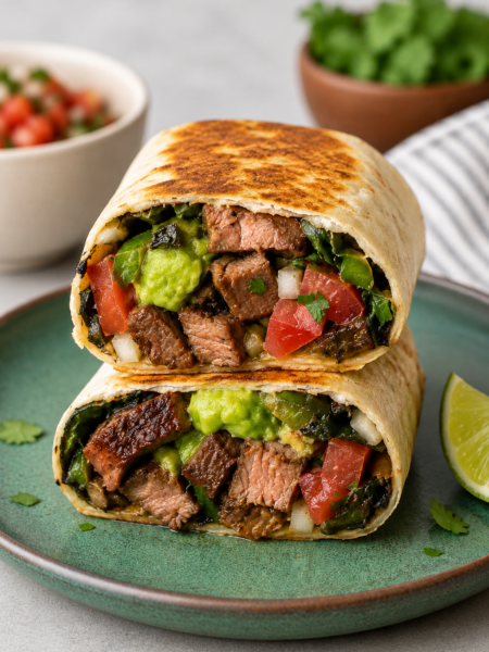 Carne Asada Burrito cut in half with steak and rice