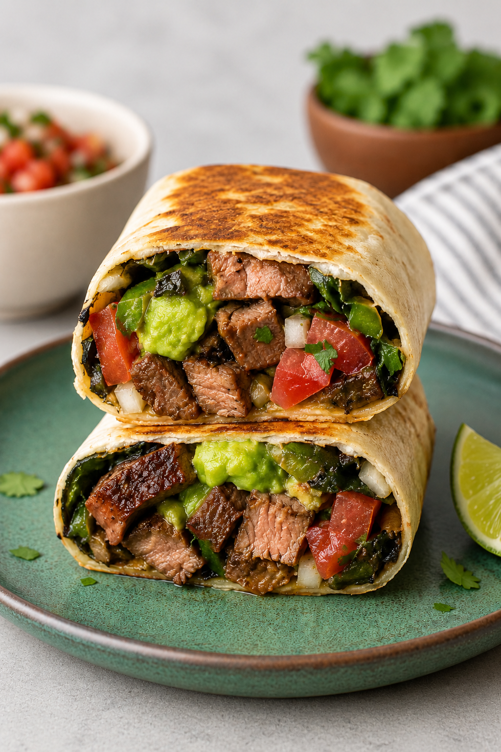 Carne Asada Burrito cut in half with steak and rice