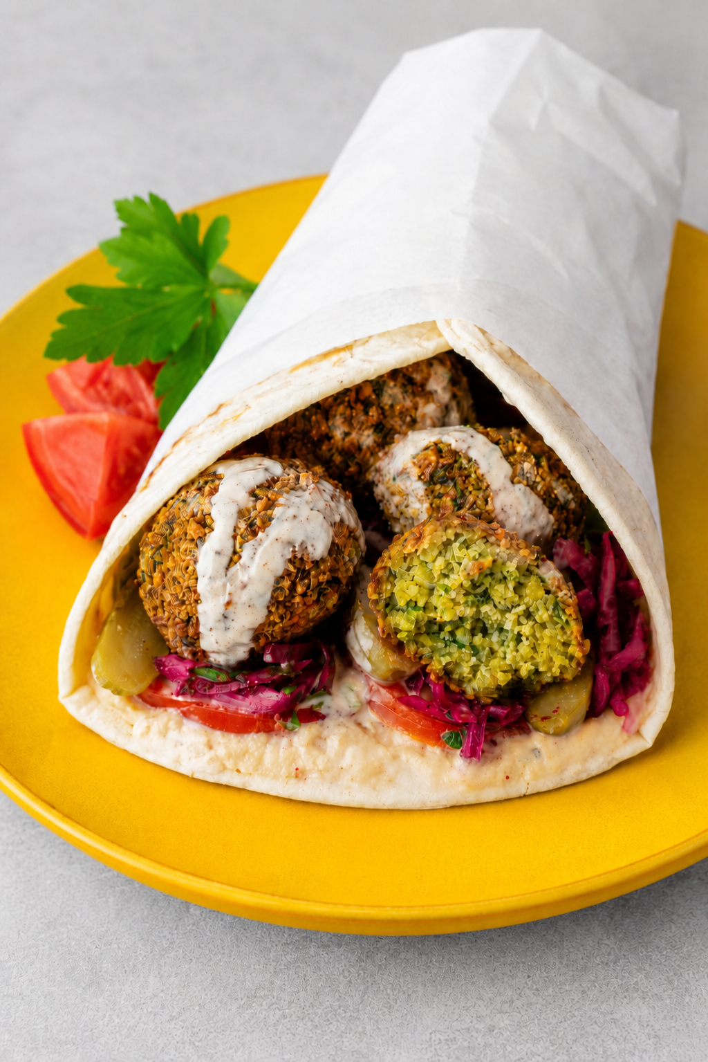 Falafel Wrap filled with crispy falafel, lettuce, tomato, cucumber, and creamy tahini sauce in warm flatbread.