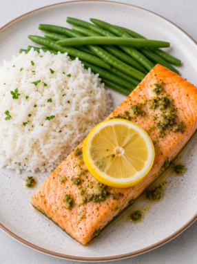 Oven baked salmon fish fillet glazed with garlic Dijon sauce and garnished with lemon slices and herbs.