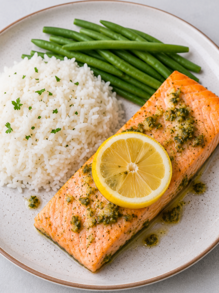 Oven baked salmon fish fillet glazed with garlic Dijon sauce and garnished with lemon slices and herbs.
