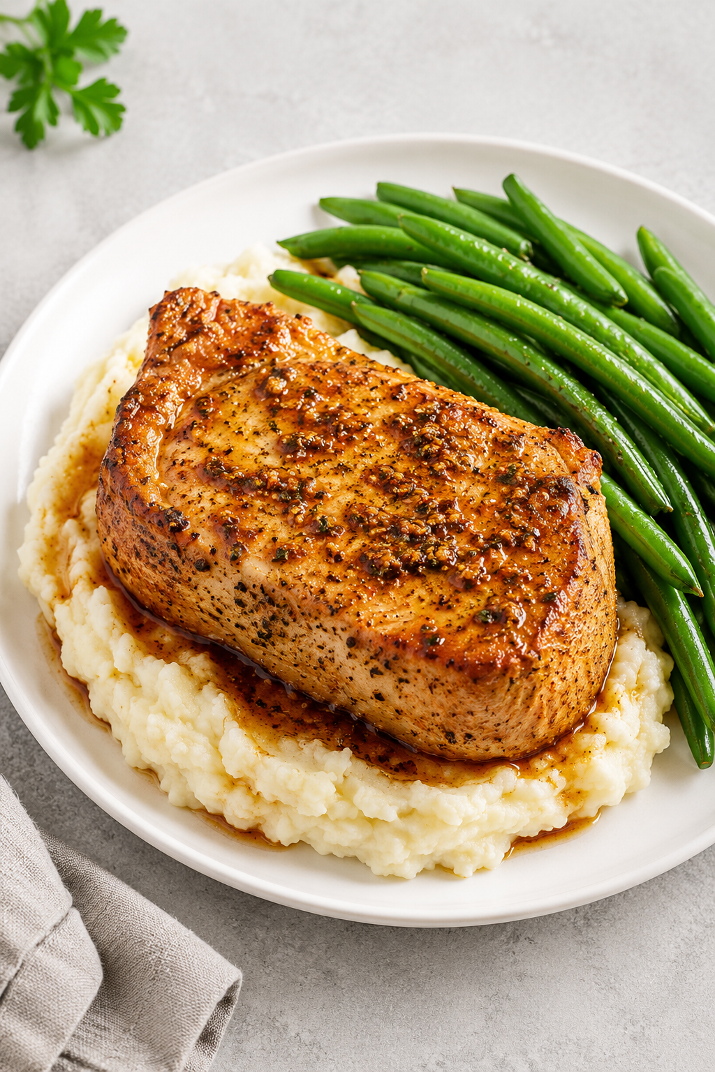 Tender slow cooker pork chops covered in creamy onion gravy and garnished with fresh parsley