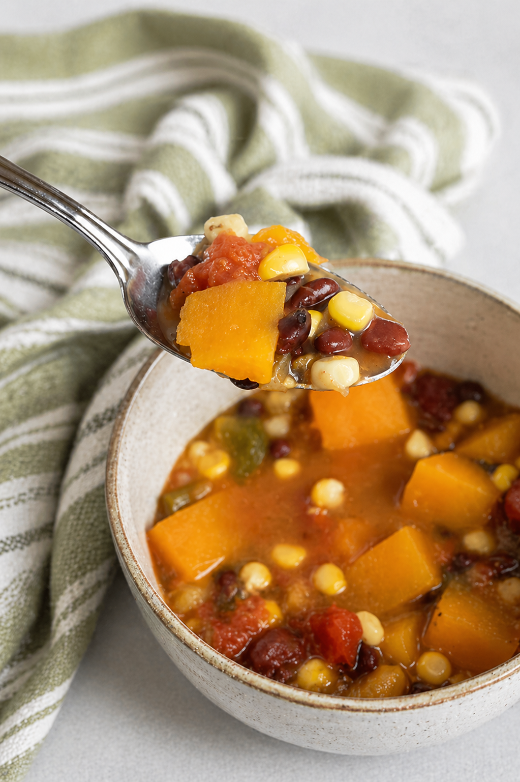 bowl of three sisters soup with squash beans and corn